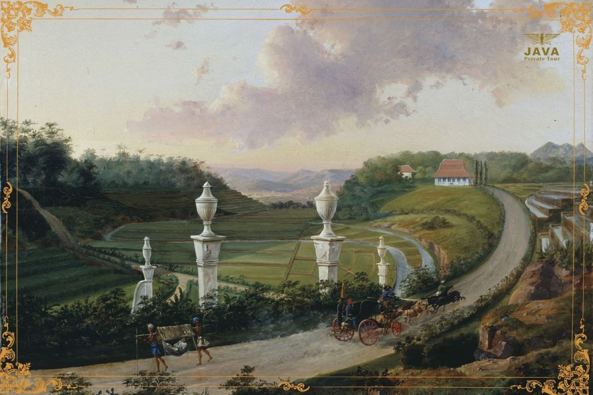 A painting from the 19th century depicting the Post Road in Buitenzorg with Mount Salak in the background