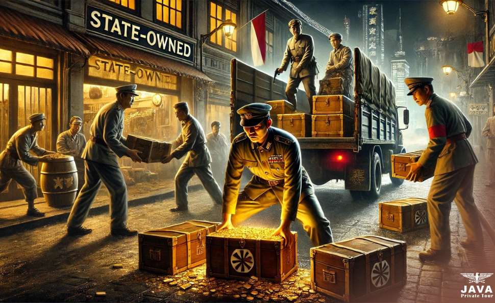 the illustration of depicting Captain Hiroshi Nakamura orchestrating the daring gold heist in Jakarta during the tumultuous period following World War II